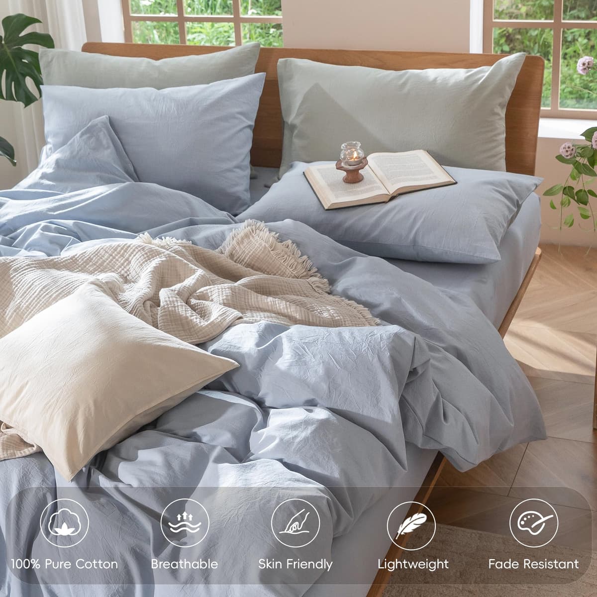 MooMee Bedding Duvet Cover Set 100% Washed Cotton Linen Like Textured Breathable Durable Soft Comfy (Tannish Linen Grey, King) — view 202