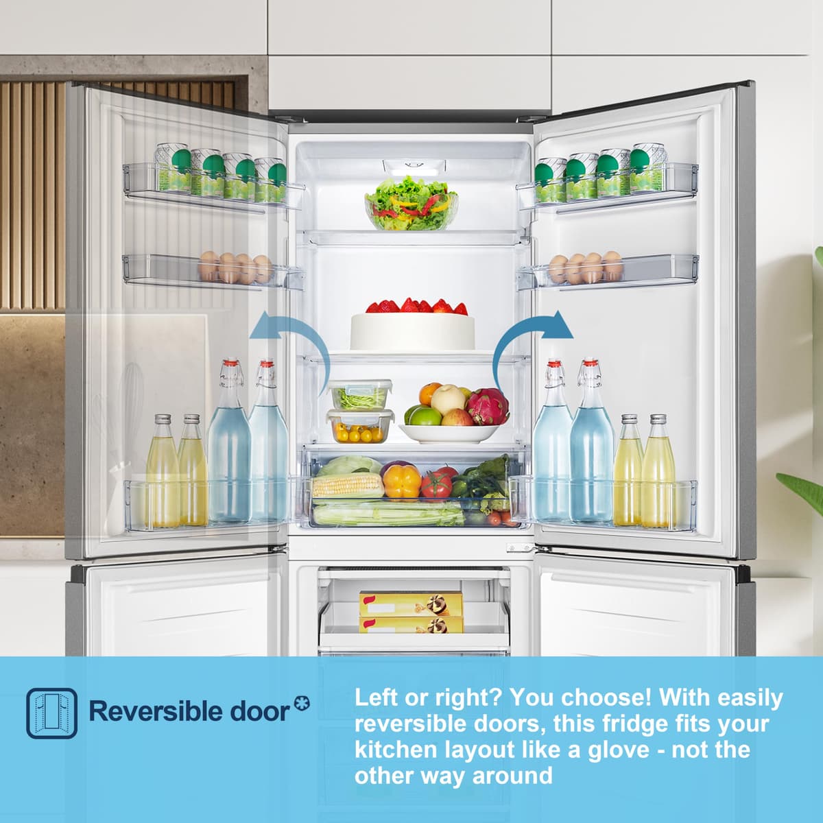 Fridgemaster MC55240ES 55cm Freestanding 252L 50/50 Fridge Freezer - LED Lighting, Silver - E Rated, H174.3 x W55.4 x D55.8 (cm) — view 11