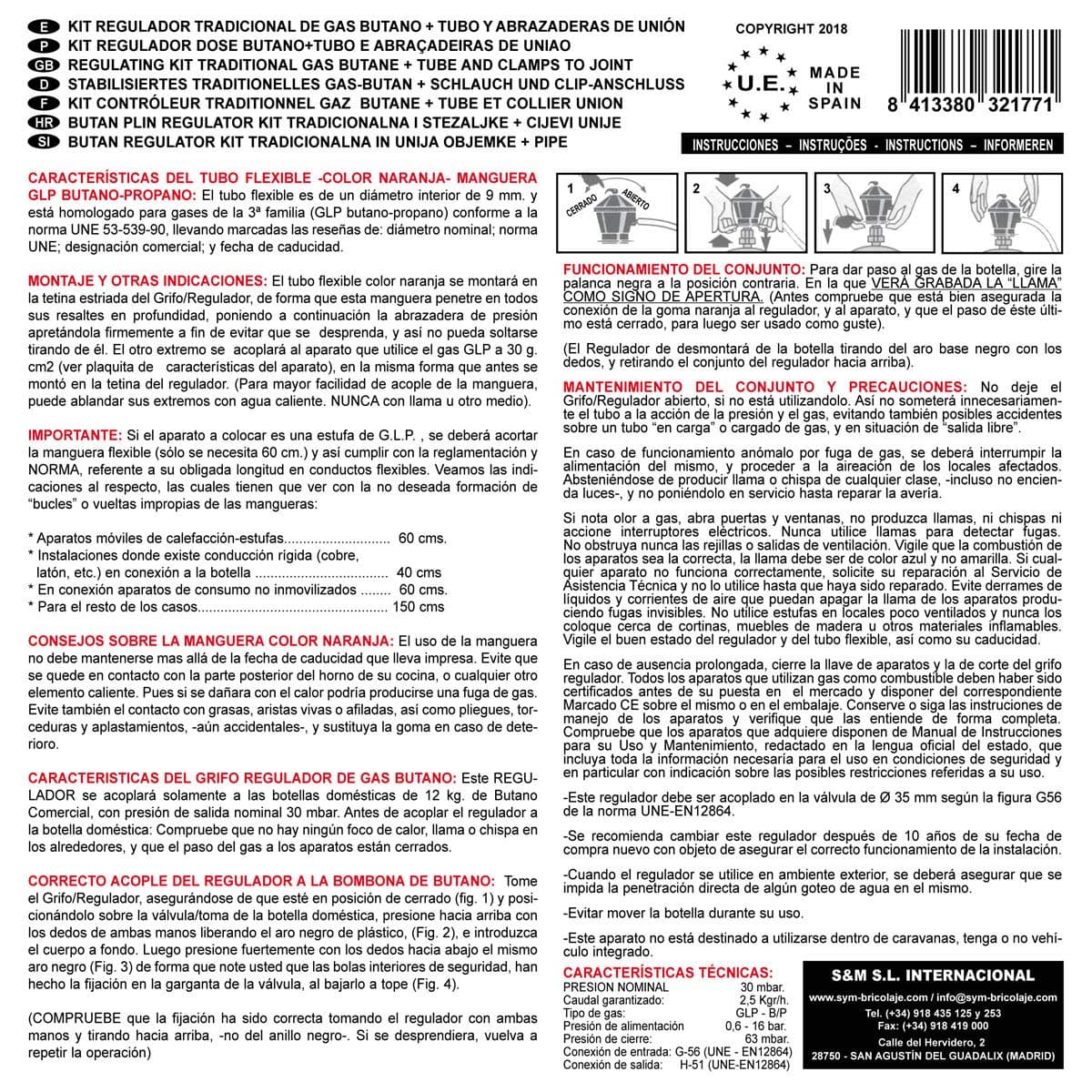 S&M 321771 - Kit completo butano: Regulador de gas butano + Tubo Goma 1,5 metros + 2 abrazaderas de seguridad | Homologado para España | Apto para cocinas, estufas, calderas y barbacoas — view 7