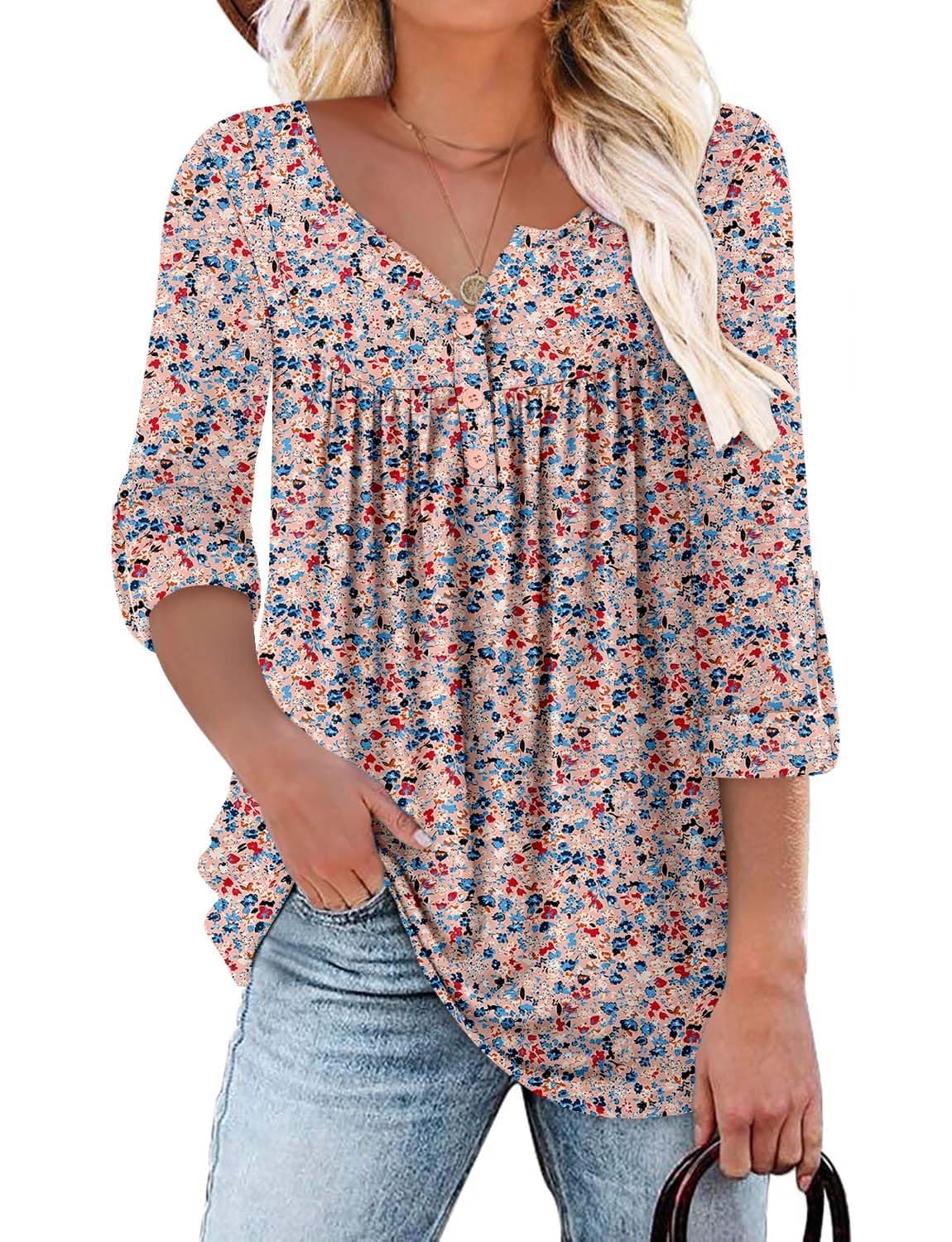 KISSMODA Ladies Pleated Tunic Tops for Women Buttons up Long Sleeve Shirts Floral Print — view 7