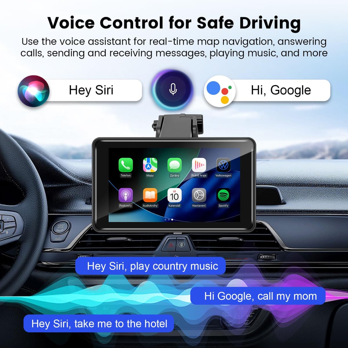 Wireless CarPlay Screen for Car, 7” HD Touch Android Auto Car Play Screen Portable Car Stereo Live Navigation Bluetooth Mirror Link Music, Video, Player Siri, GPS, FM, AUX, AirPlay — view 3