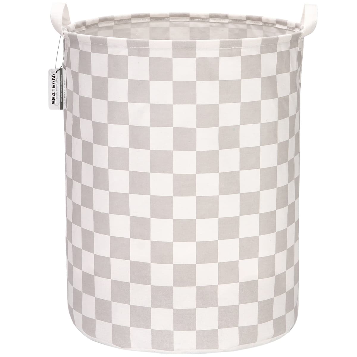 Sea Team 19.7 Inch Large Sized Waterproof Coating Ramie Cotton Fabric Folding Laundry Hamper Bucket Cylindric Burlap Canvas Storage Basket with Stylish Grid Pink Design — view 11