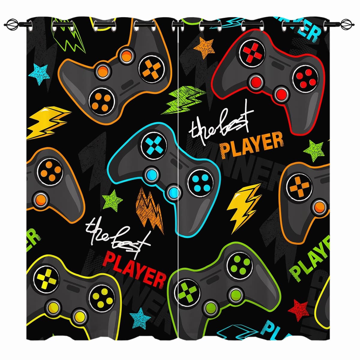 YUANZU Gamepad Curtains - Kids Abstract Gamer Video Game Joystick Print Pattern Eyelet Blackout Thermal Insulated & Room Darkening Window Drapes for Boys Teen Bedroom Playroom 2 Panels W117cm x D183cm