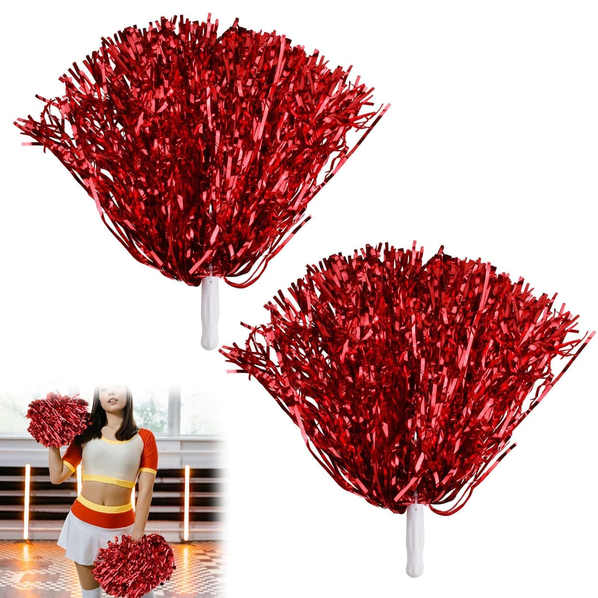 Pompones de Porristas, 2 piezas Pompones Rojos de Lámina de Metal, Pompones, Accesorios con Hebilla de Anillo para Baile, Animación y Fiestas Deportivas, Duraderos y Brillantes