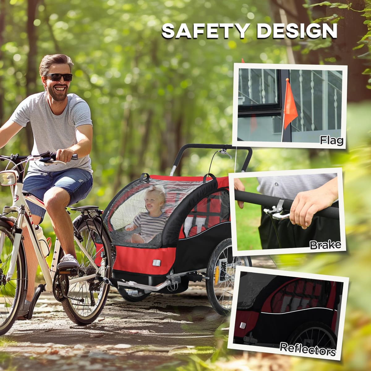 HOMCOM 2 Seat Bike Trailer for Kids, Baby Bike Stroller with 5 Point Harness, Child Bicycle Trailer with Safety Flag, Reflectors, Windproof Curtain, for 18+ Months, Red — view 8