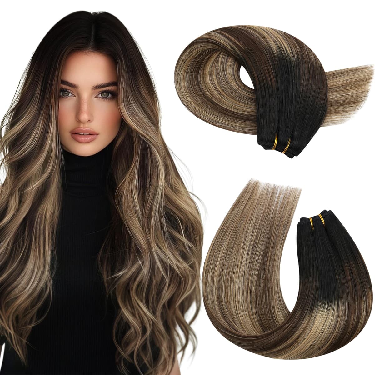 Moresoo Weft Hair Extensions Human Hair 20 Inch Double Weft Sew in Hair Extensions Remy Hair Balayge Black to Dark Brown with Caramel Blonde 100g/Pack #1B/3/27