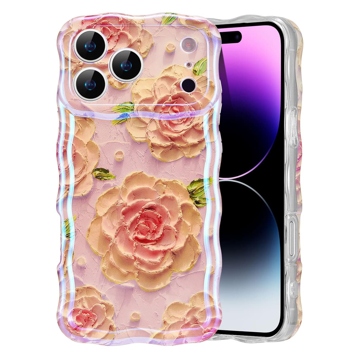 EYZUTAK Case for iPhone 16, Colorful Retro Oil Painting Printed Flower Laser Glossy Pattern Cute Curly Wave Edge Exquisite Phone Cover Stylish Durable TPU Protective Case for Girl Women-Green — view 58
