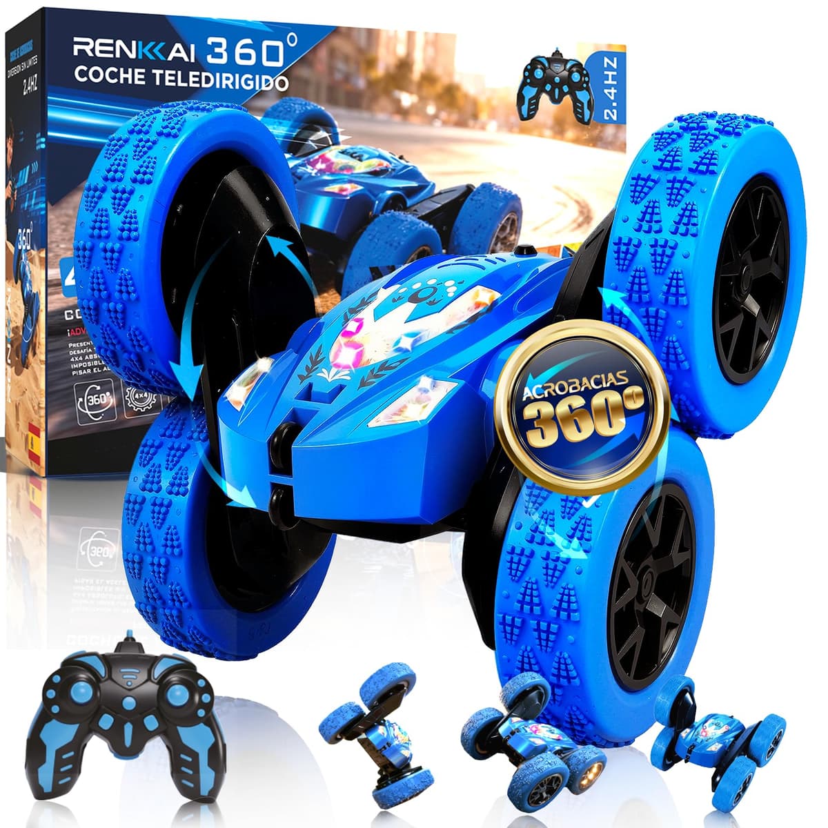 RENKKAI Coche Teledirigido Niños 3 4 5 6 7 8 Años | Coche teledirigido niños 4 años | Juguete Niño Regalo 3 4 5 6 7 8 9 12 Años | 2.4Ghz con Luces | Coches para Niños | ACROBÁTICO 360°