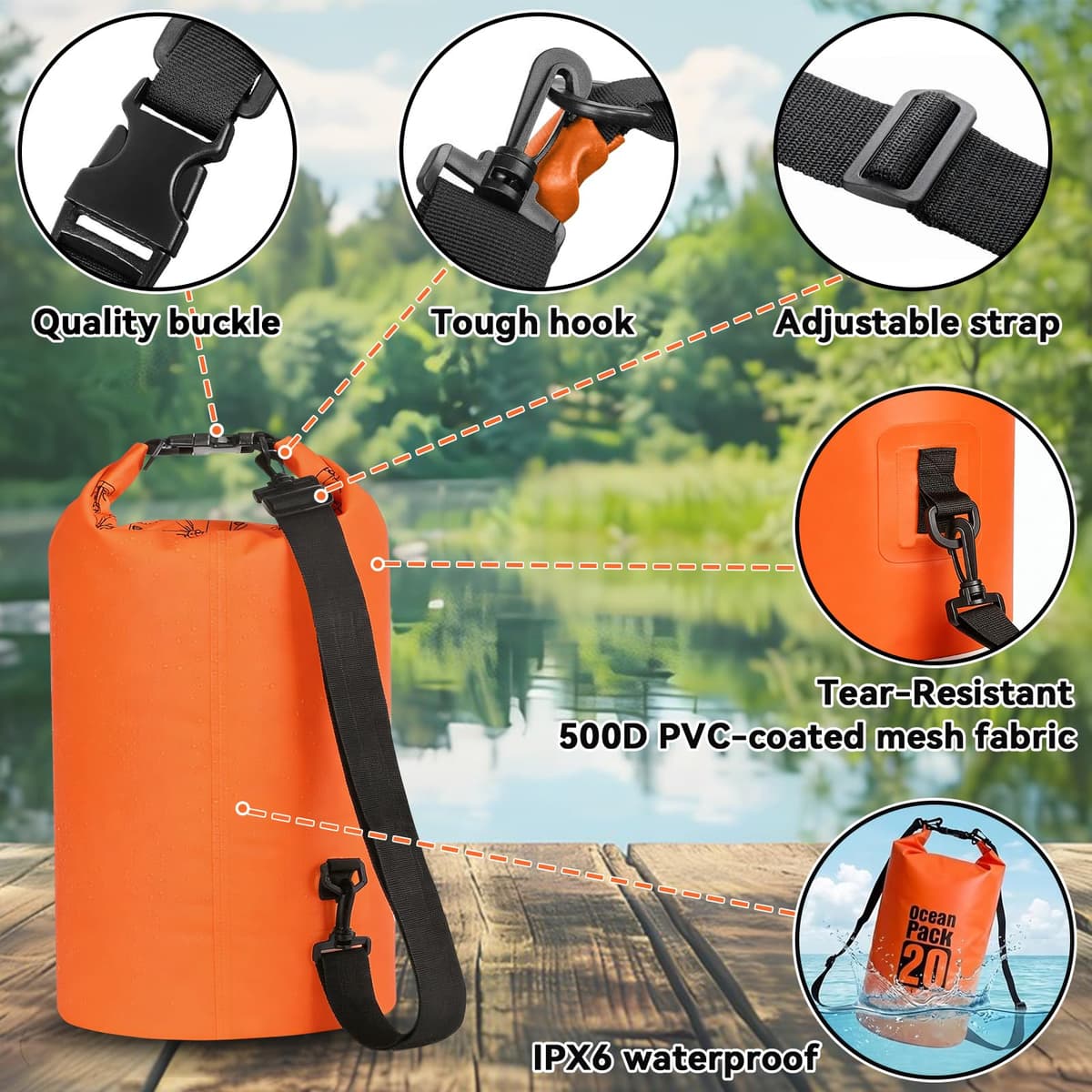 PQETBV Bolsa Estanca, 20L Bolsa Impermeable Mochila Estanca, Bolsa Seca con Correa de Hombro Ajustable para Barcos, Kayak, Pesca, Rafting, natación, Camping, Snowboard — view 3