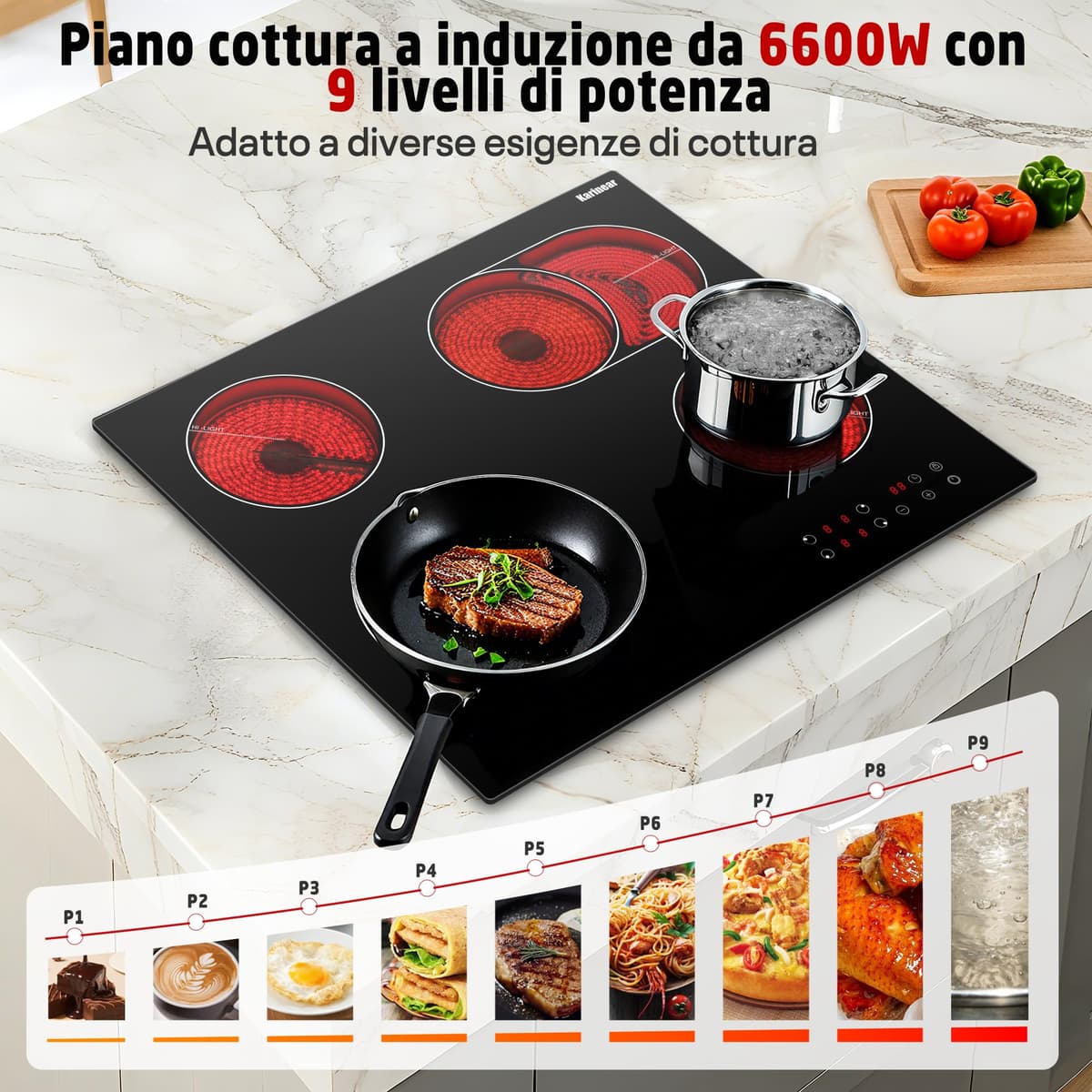 Karinear Placa Vitrocerámica 4 Fuegos, 60cm Placa Cocina con a Ampliar Placa Cocción Eléctrica, Vitroceramica Encastrable 6600W, Control Temporizador, Sin Enchufe — view 4