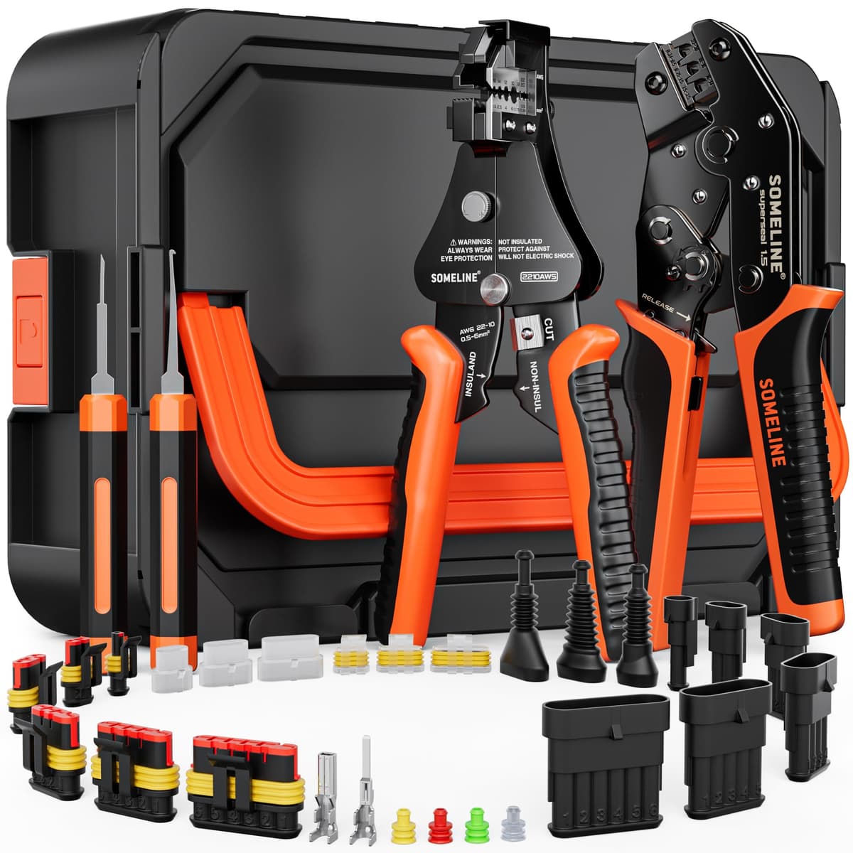 SOMELINE Waterproof Automotive Electrical Connector Crimping Tool Kit, 1/2/3/4/5/6 Pin Wire Connectors, with 0.34–2.5mm² Ratchet Crimping Pliers & Terminal Removal Tool – for Car, Motorcycle, Marine — view 14