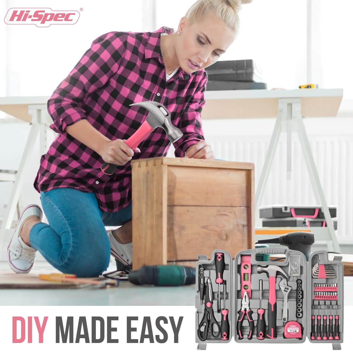 Hi-Spec 56pc Pink Home & Office DIY Tool Kit Set. Complete Household Tool Box with Essential Hand Tools Included for Basic Repairs, Maintenance & Home Improvement Projects — view 6