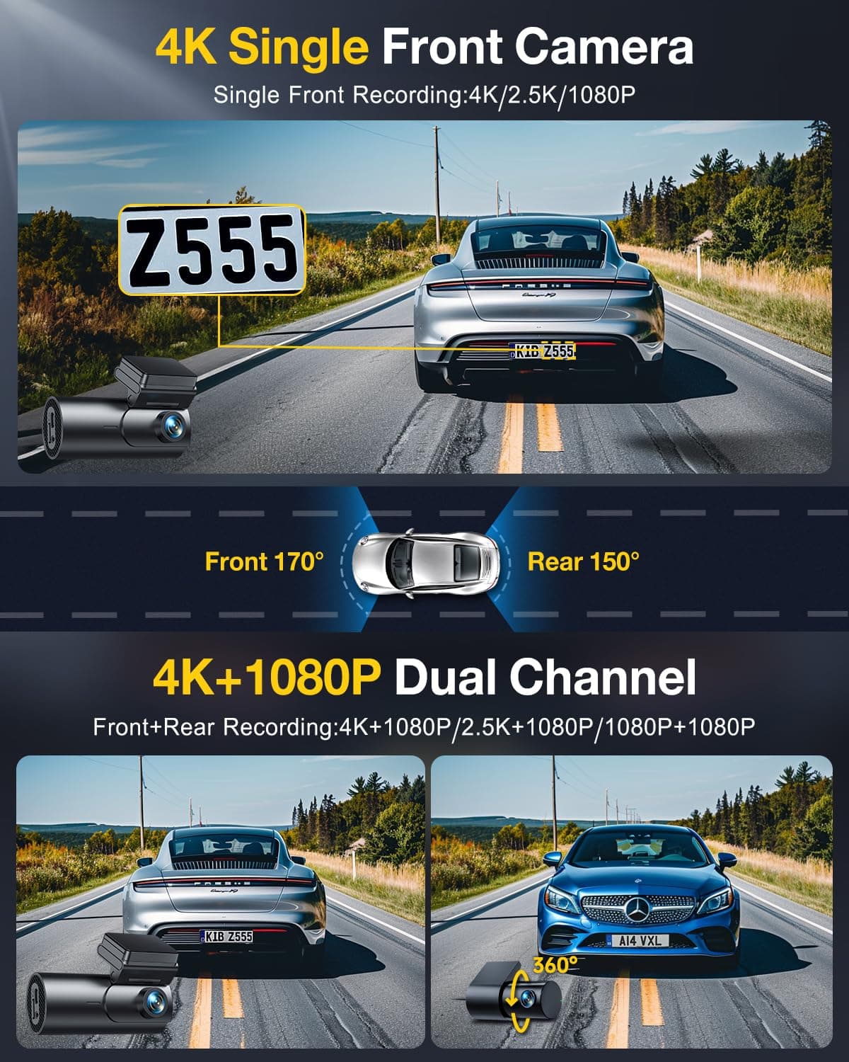 GKU 4K Dash Cam Front and Rear, 5GHz WiFi GPS, Dual Car Camera, 1.5” IPS Mini Dashcam for Cars with 64GB SD Card, 24H Parking Mode, Night Vision, WDR, 170° Wide Angle, G-Sensor, App Control, Max 256GB — view 2