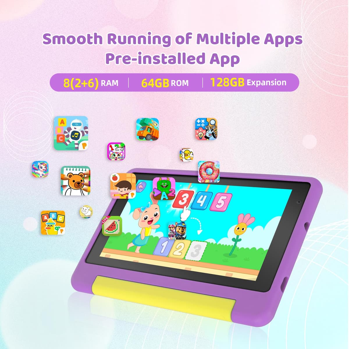 Whitedeer 2026 Latest Kids Tablet, 7 inch Tablet for Kids 3-7 Ages 8GB RAM +64GB ROM, Android 13, Parental Controls, Dual Camera, Wi-Fi, Bluetooth, Type-C, Impact Resistant Case, Gift,Purple — view 4
