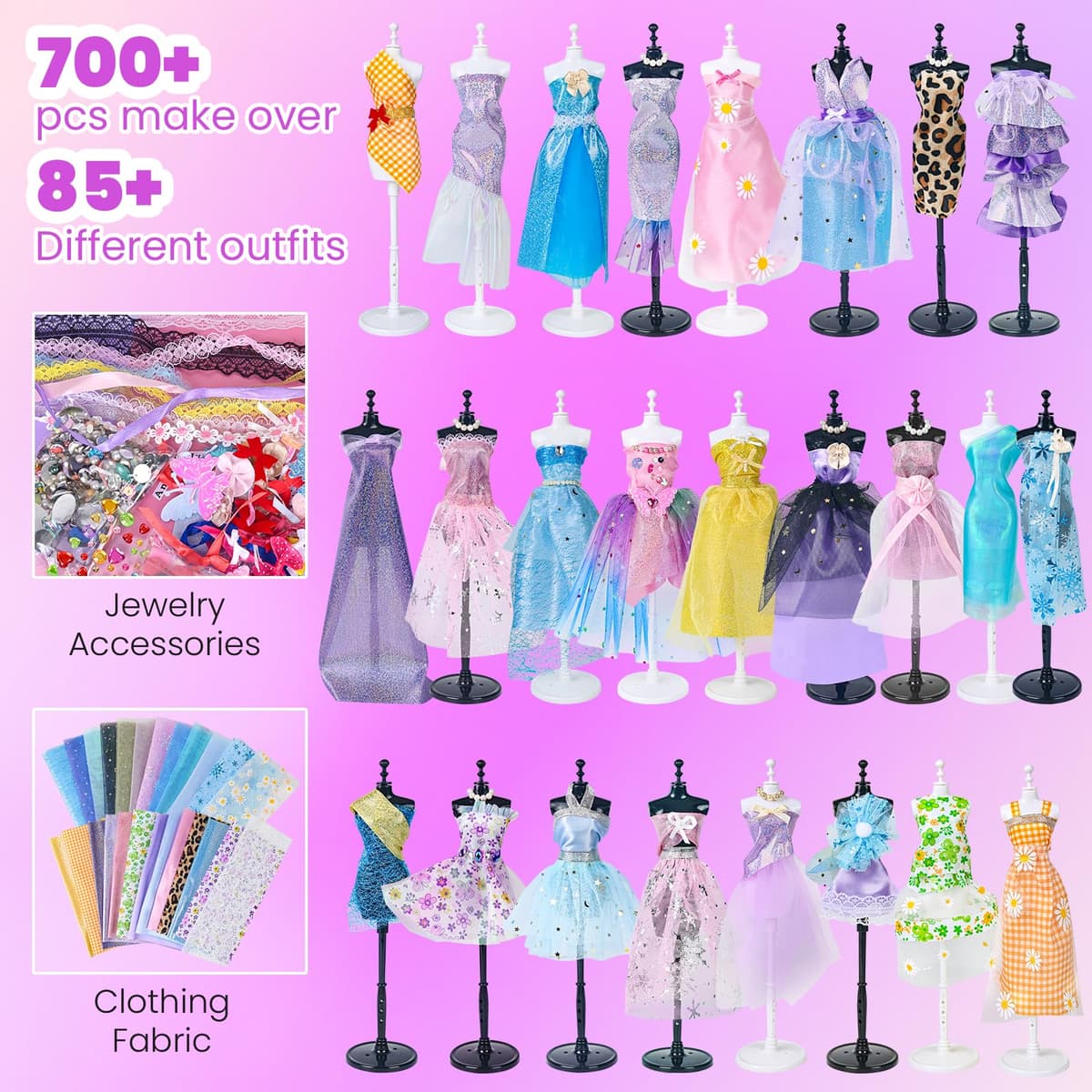 700+Pcs Fashion Designer Kit for Girls - Sewing Kit Arts and Crafts Set for Kids Ages 8-12 with 5 Mannequins & Instruction DIY Doll Clothes Making Learn to Sew Toys for Girls Christmas Birthday Gift — view 2