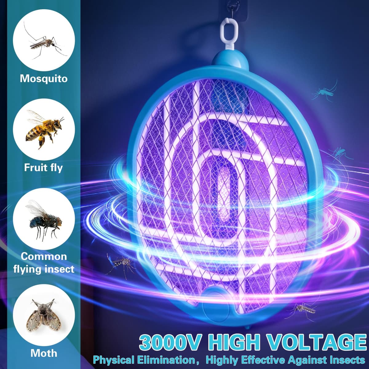 Raqueta Eléctrica Anti-Mosquitos Extra Potente 3000V, 3 en 1 con Luz UV Atractiva, Matamoscas Eléctrico Recargable USB-C, Silencioso, Plegable y Seguro para Dormitorio, Cocina y Jardín (Azul) — view 3