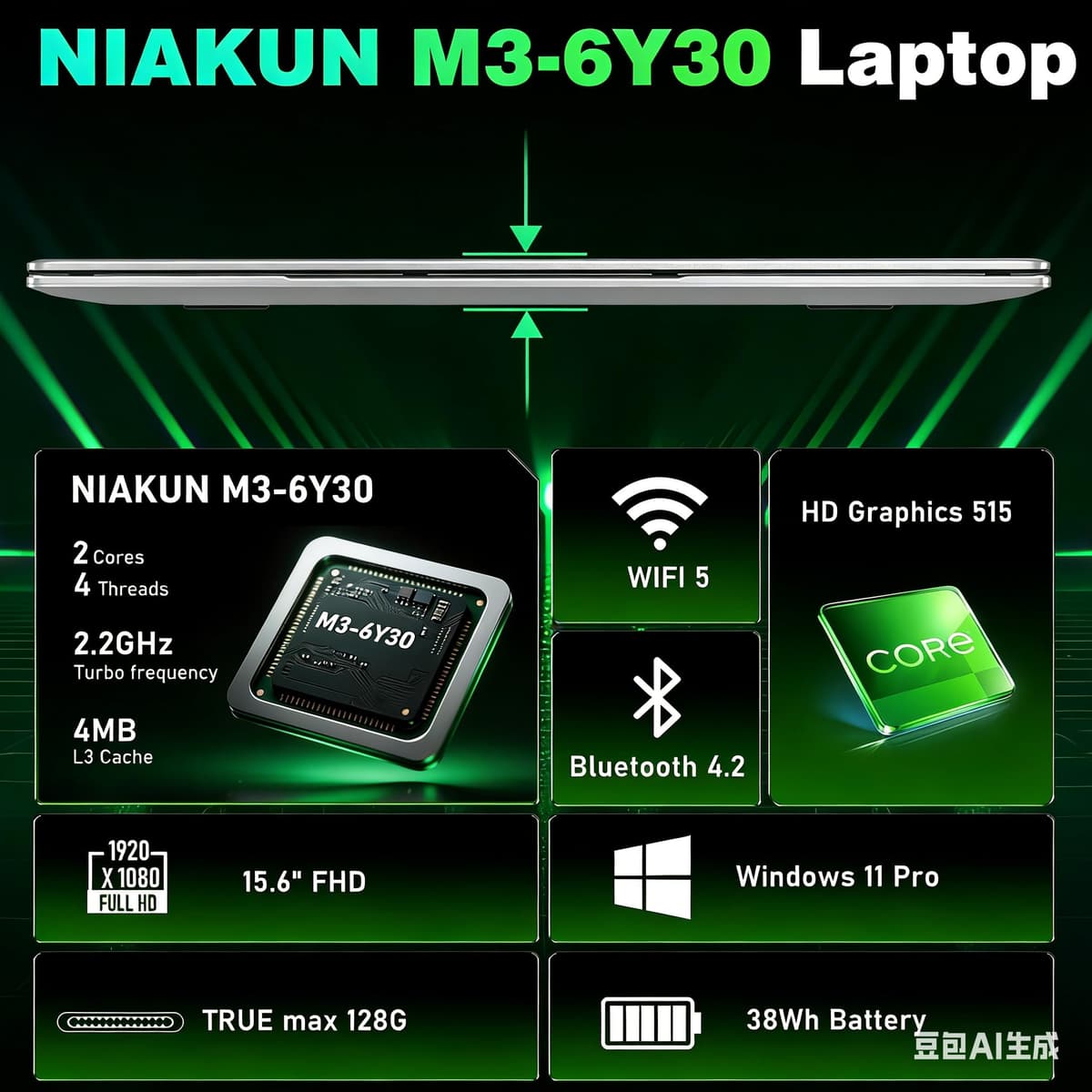 NIAKUN 2026 15.6 Inch Laptop with M3-6Y30 Processor, 16GB RAM 512GB SSD Computer Laptop, FHD 1920 x 1080P, 5000 MAh/38.5Wh, TF Card, Webcam, Touchpad, Student/Home/Business — view 2