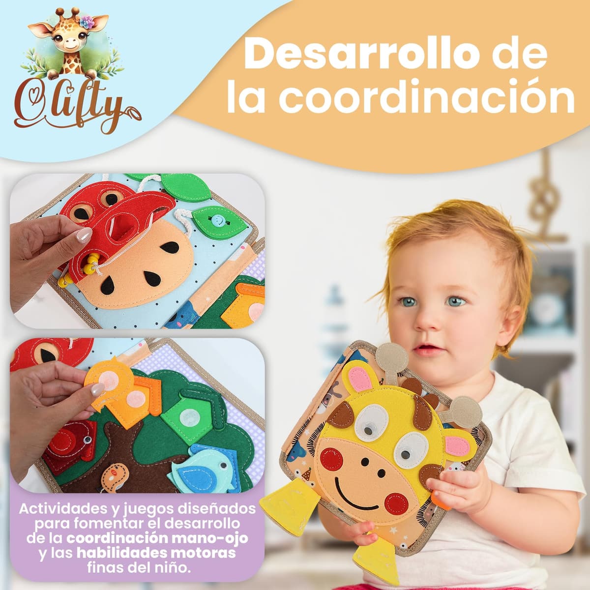 Libro Montessori 1 Año - Busy Board Montessori - Libro Bebé 1 Año - Busy Book - Libro Sensorial Bebé de Fieltro - Tablero Montessori 2 Años (Jirafa) — view 5