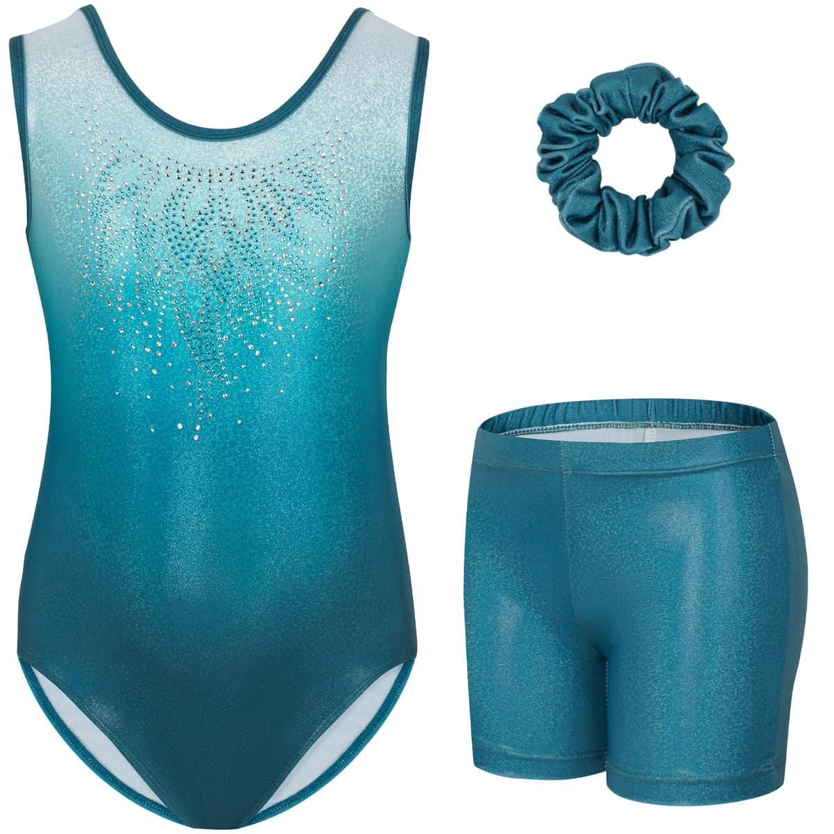 Gogokids Conjunto de gimnasia de tres piezas para niña, cuello en Y, sin mangas, con pantalones cortos y diadema, traje de gimnasia con diseño de bloques de color azul y morado, 3-12 años — view 36