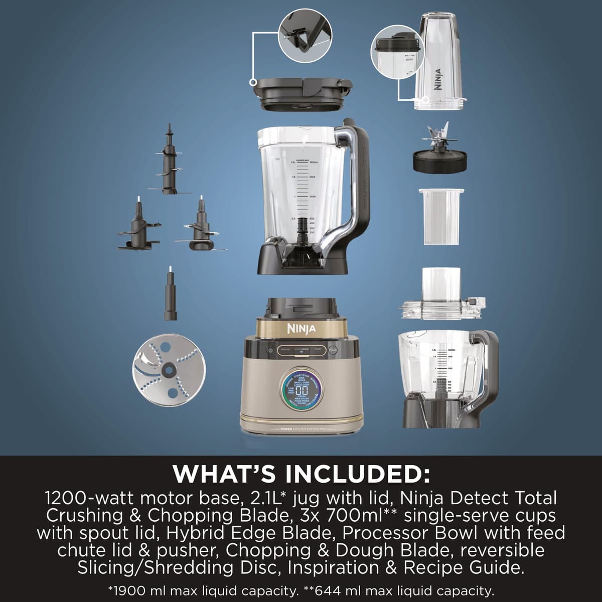 Ninja 3-in-1 Detect Power Blender Processor Pro, Powerful 1200W Blender, Food Processor Bowl, Dough Blade, 2x Single Serve Cups, Jug, Make Pizza Dough, Blend, Chop & Mix, Stone Gold, TB401UKSTGD — view 12
