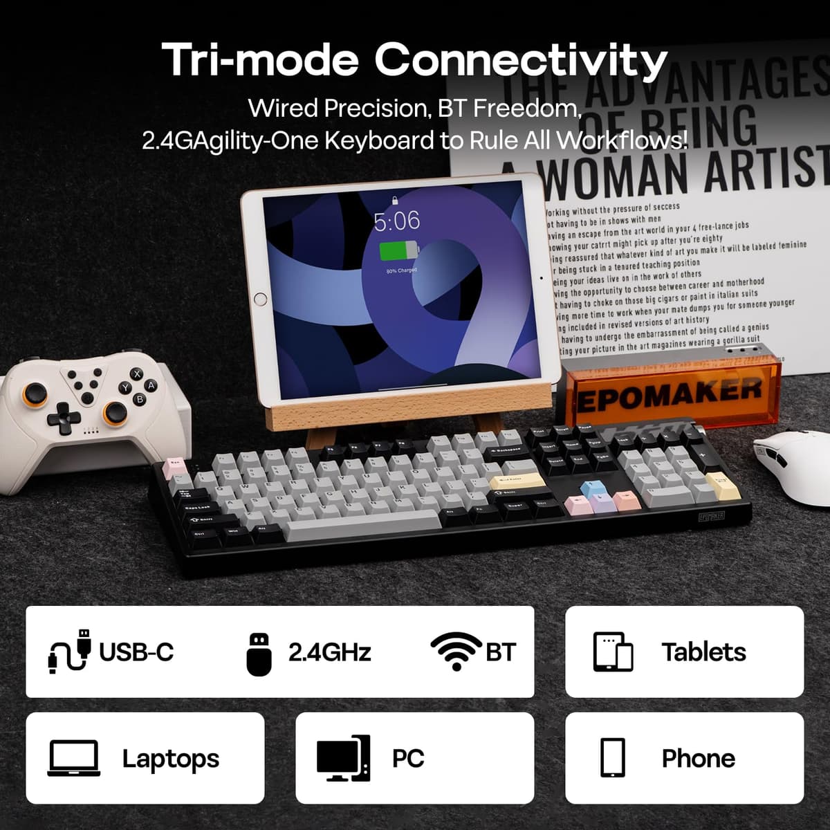 EPOMAKER TH108 Pro Teclado Mecánico Inalámbrico para Juegos de Tamaño Completo con Pantalla y Perilla, 10000mAh, Gasket Cremosa, Hot Swap, Controlador Personalizado, RGB (Negro, Sea Salt Silent) — view 5