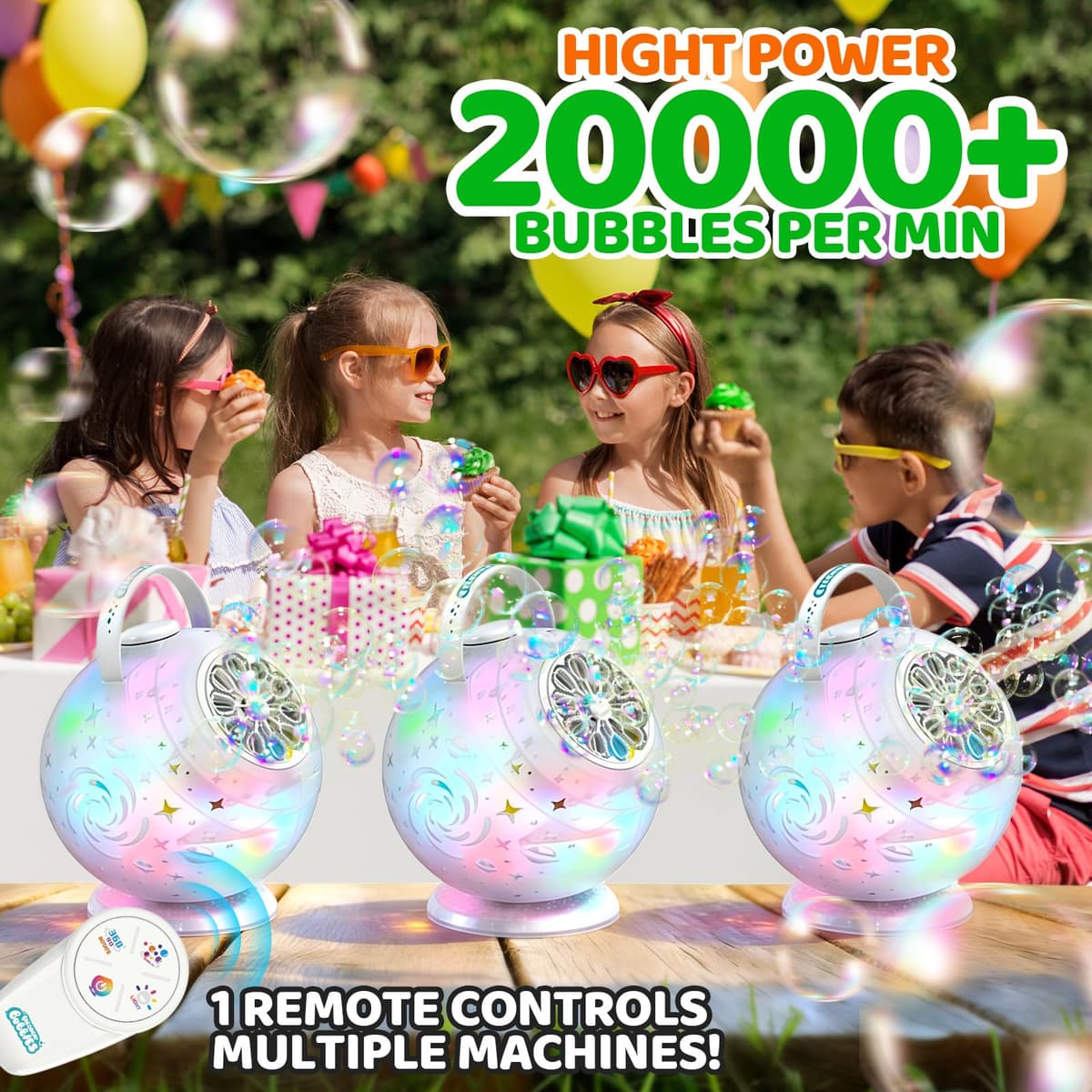 Tecnock Máquina de Burbujas Recargable con Mando a Distancia, Rotación 90°/360°, 20000+ Burbujas/Min, Luces LED de 7 Colores, Batería 1200 mAh, 45 Min de Autonomía, USB-C, para Niños, Fiestas y Bodas — view 5
