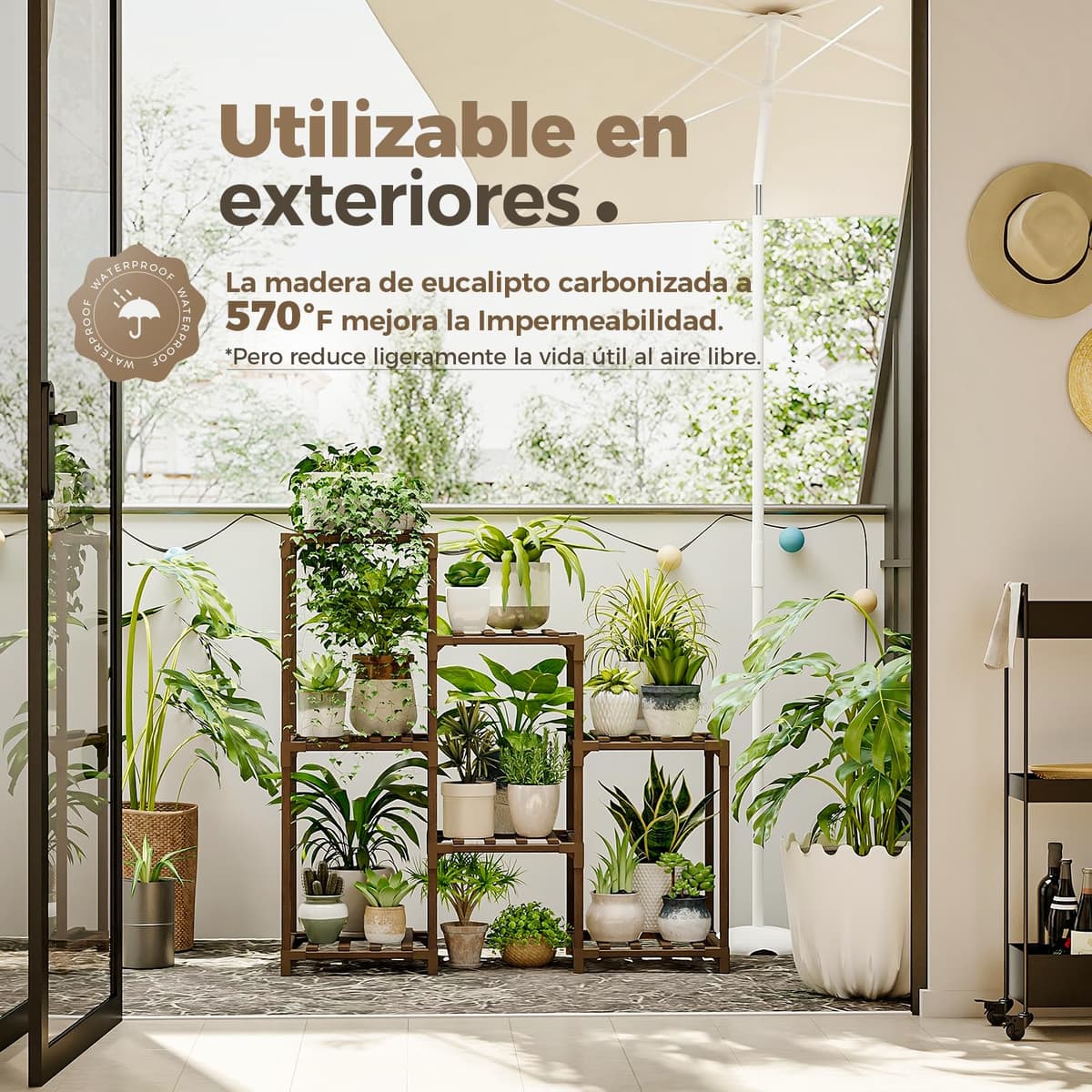 Bamworld Soportes para plantas de interior, estante escalonado de madera para plantas al aire libre para múltiples plantas,3 neumáticos,7 escalera, soporte para plantas,mesa para ventana,jardín,balcón — view 3