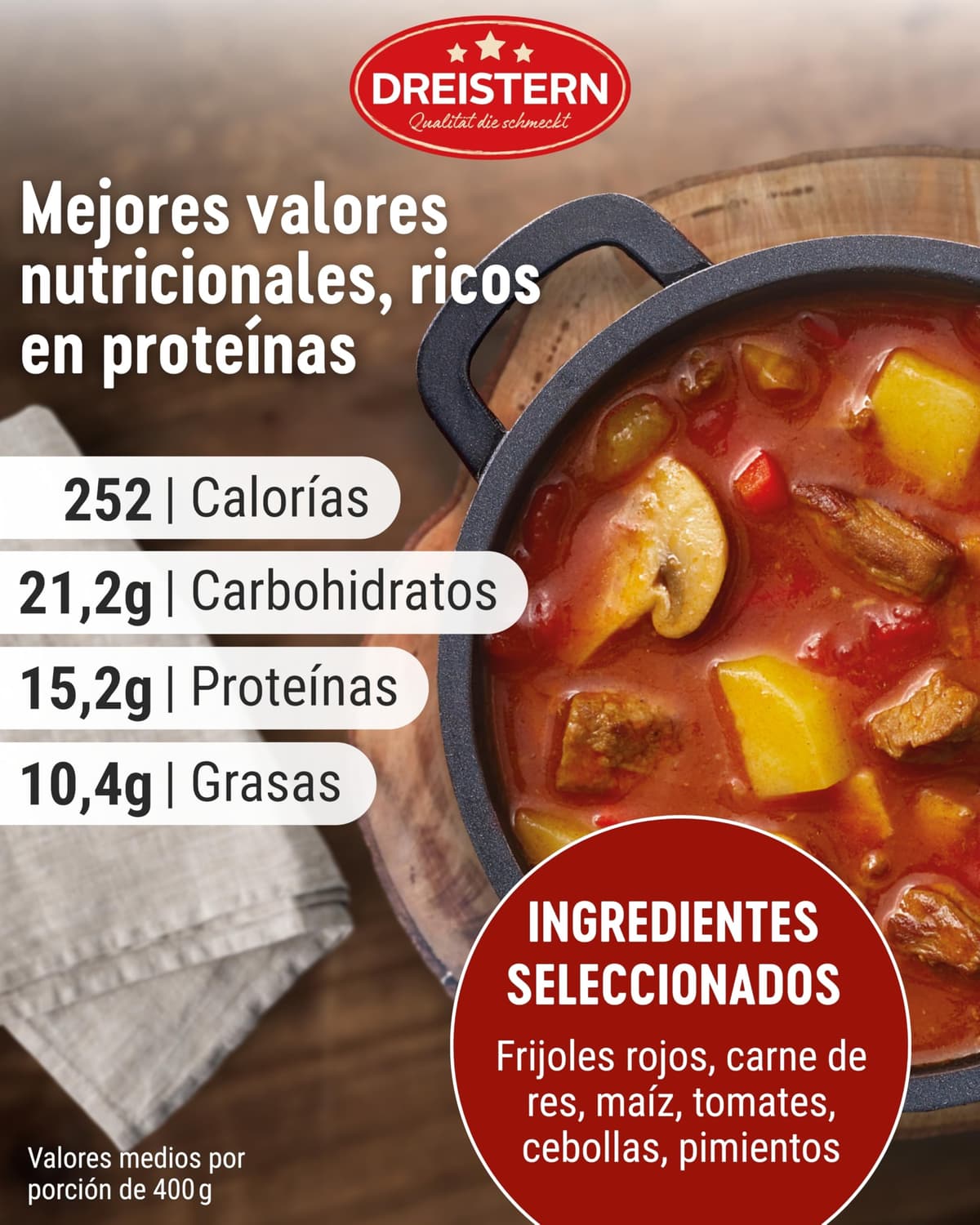 DREISTERN Sopa de Gulash Picante 400 g I Con carne de res tierna & verduras I Guiso picante en lata reciclable I Larga duración gracias a la conservación natural I Calidad casera — view 3