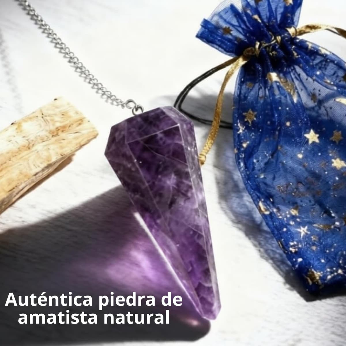 Péndulo Adivinación Amatista Natural +1 Palo Santo + Bolsa de Almacenamiento | Herramienta de Radiestesia y Meditación para Tarot, Reiki y Sanación Espiritual | Cristal Auténtico — view 2