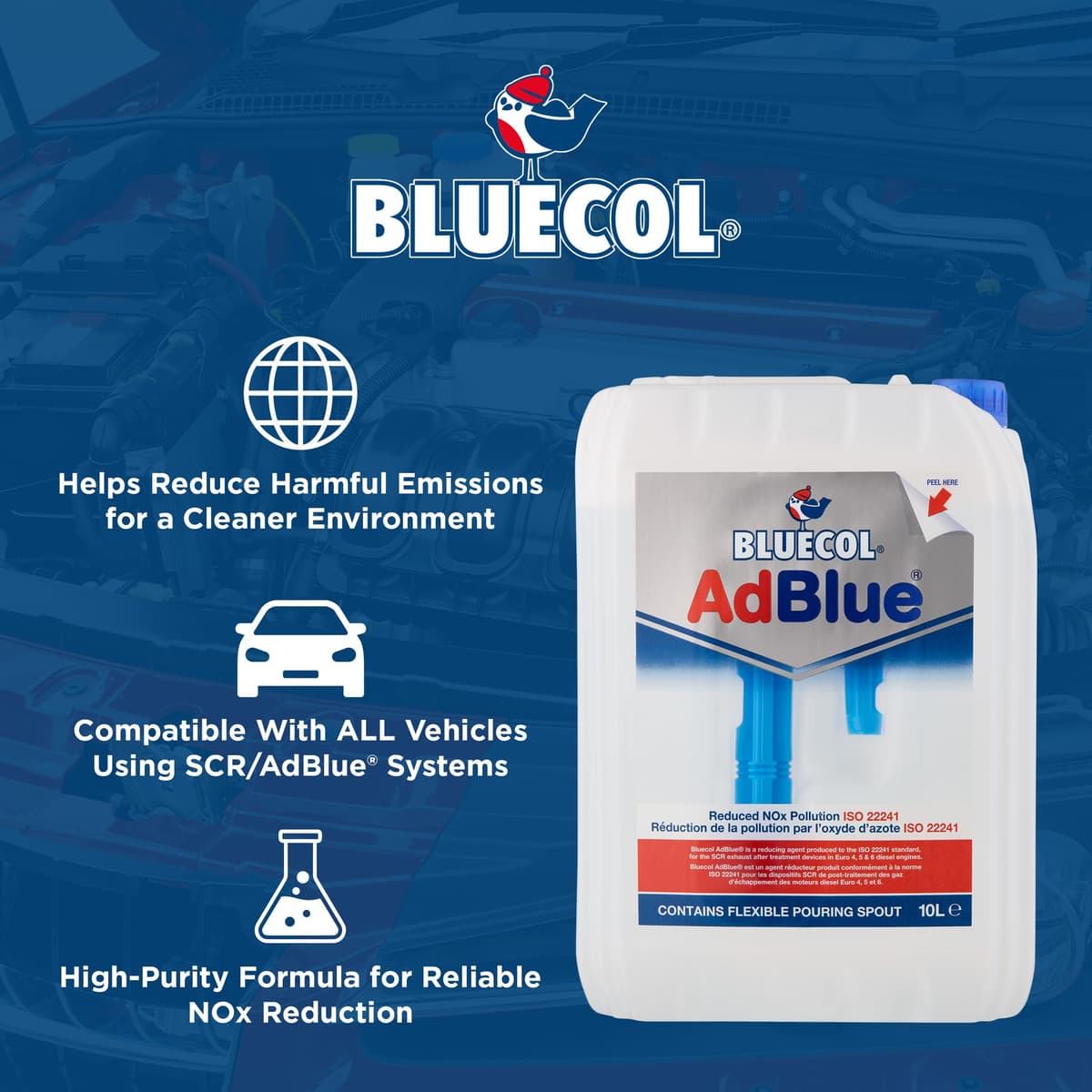 Bluecol AdBlue with Integrated Easy Pour Spout, 10L - High Purity Diesel Exhaust Fluid for SCR Equipped Vehicles, Reduces Emissions & Protects the Environment — view 4