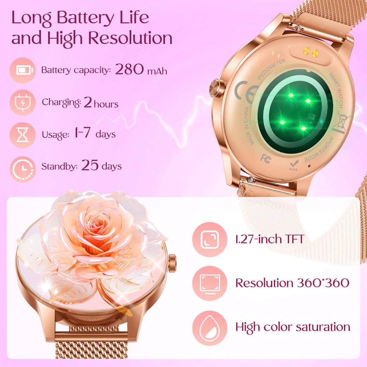 Smartwatch Reloj Inteligente Mujer con Llamadas：1.27" TFT Smart Watch Bluetooth IP68 Impermeable con Frecuencia Cardíaca SpO2 Sangre Presión Arterial Monitor Sueño 110+ Modos Deporte para Android iOS — view 3