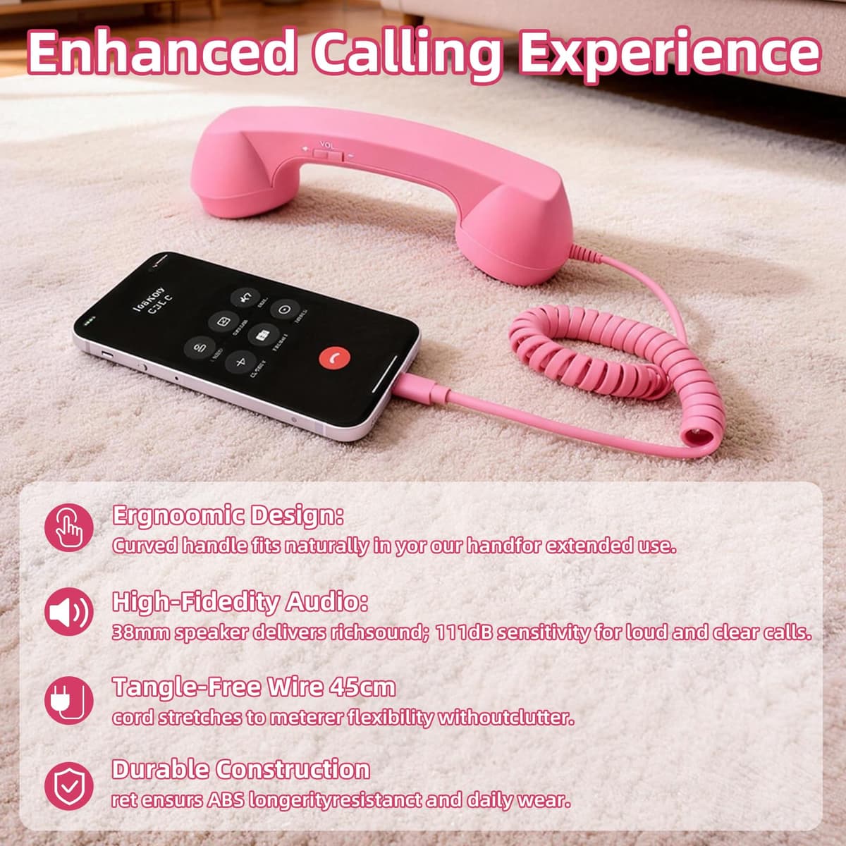 Retro Phone Handset for iPhone & Android, 2026 New Type-C Wired Receiver with Microphone & Speaker, Vintage Landline Style Handle for Noise Cancelling Calls, Meetings, and Home Office Desk Use (Pink) — view 5