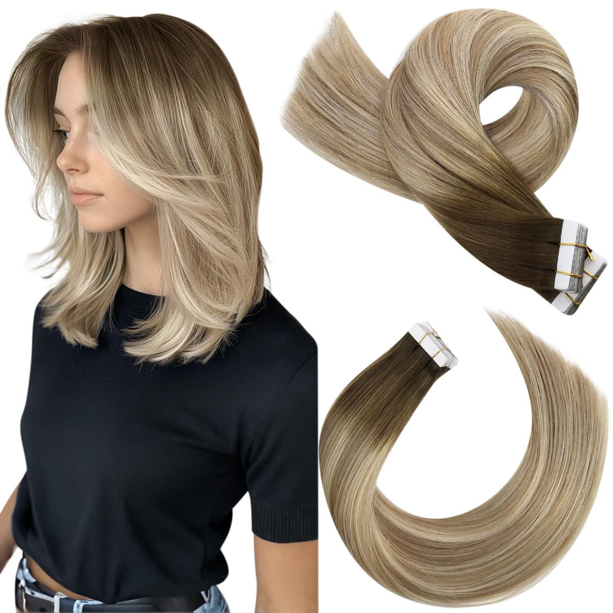 Moresoo Tape in Human Hair Extensions 20 Inch Highlight 50g/20pcs Tape in Hair Extensions Human Hair Ash Blonde with Platinum Blonde #P18/613 — view 72