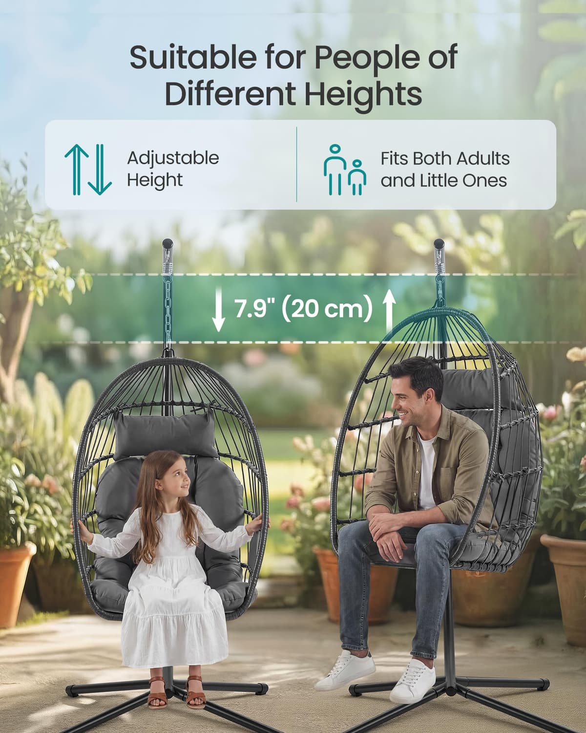 SONGMICS Outdoor Hanging Egg Chair, Foldable Removable Basket, Height-Adjustable Swing Chair, Side Pocket, Cushion, for Living Room, Garden, Balcony, Grey GDC050GZ02 — view 5