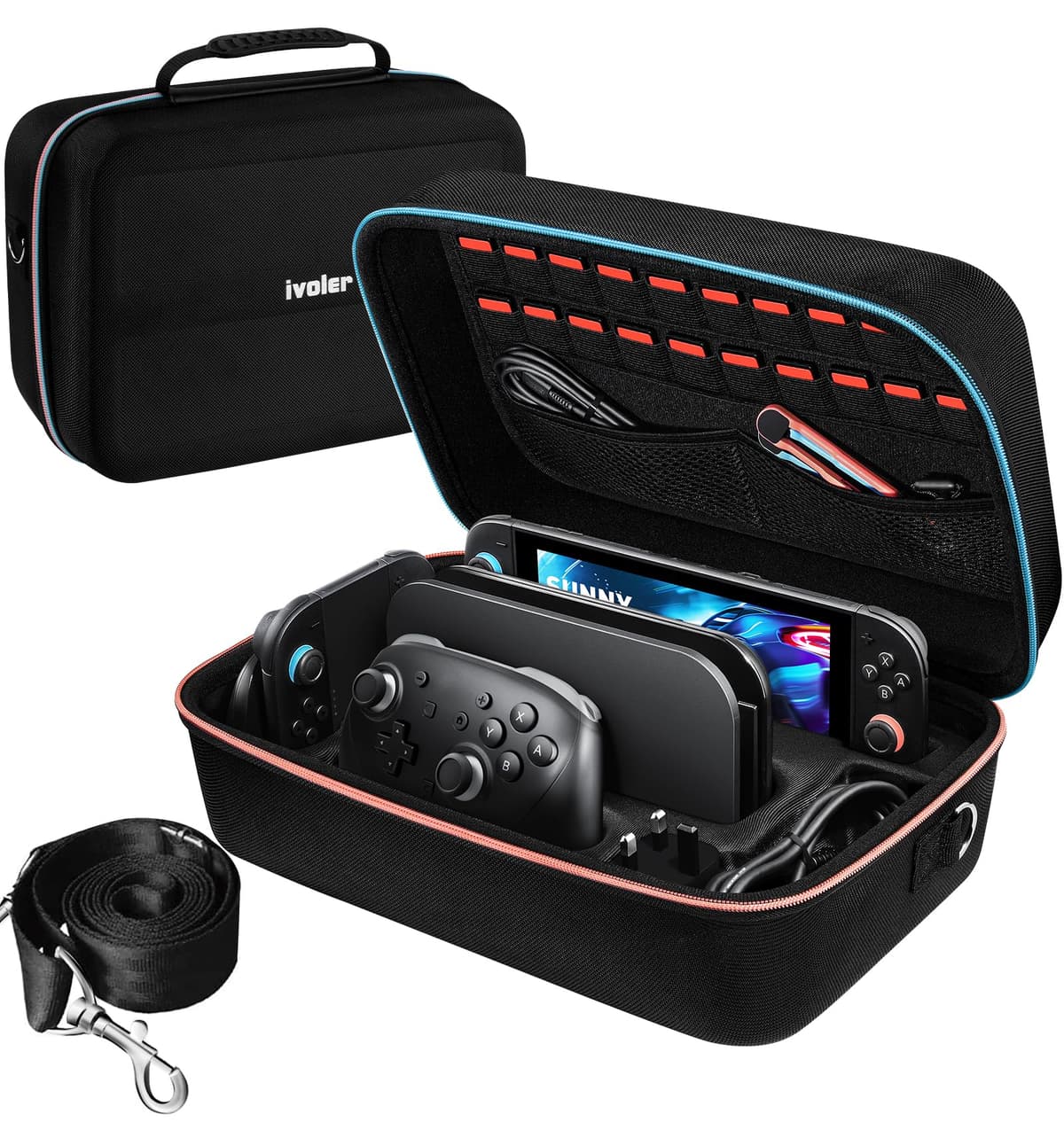 ivoler Funda de Transporte Compacto para Nintendo Switch 2 (2025), Estuche Rígida con Protector de Pantalla y Agarre para el Pulgar, Capacidad para 14 Cartuchos de Juego e Incluye Correa, Negro — view 10