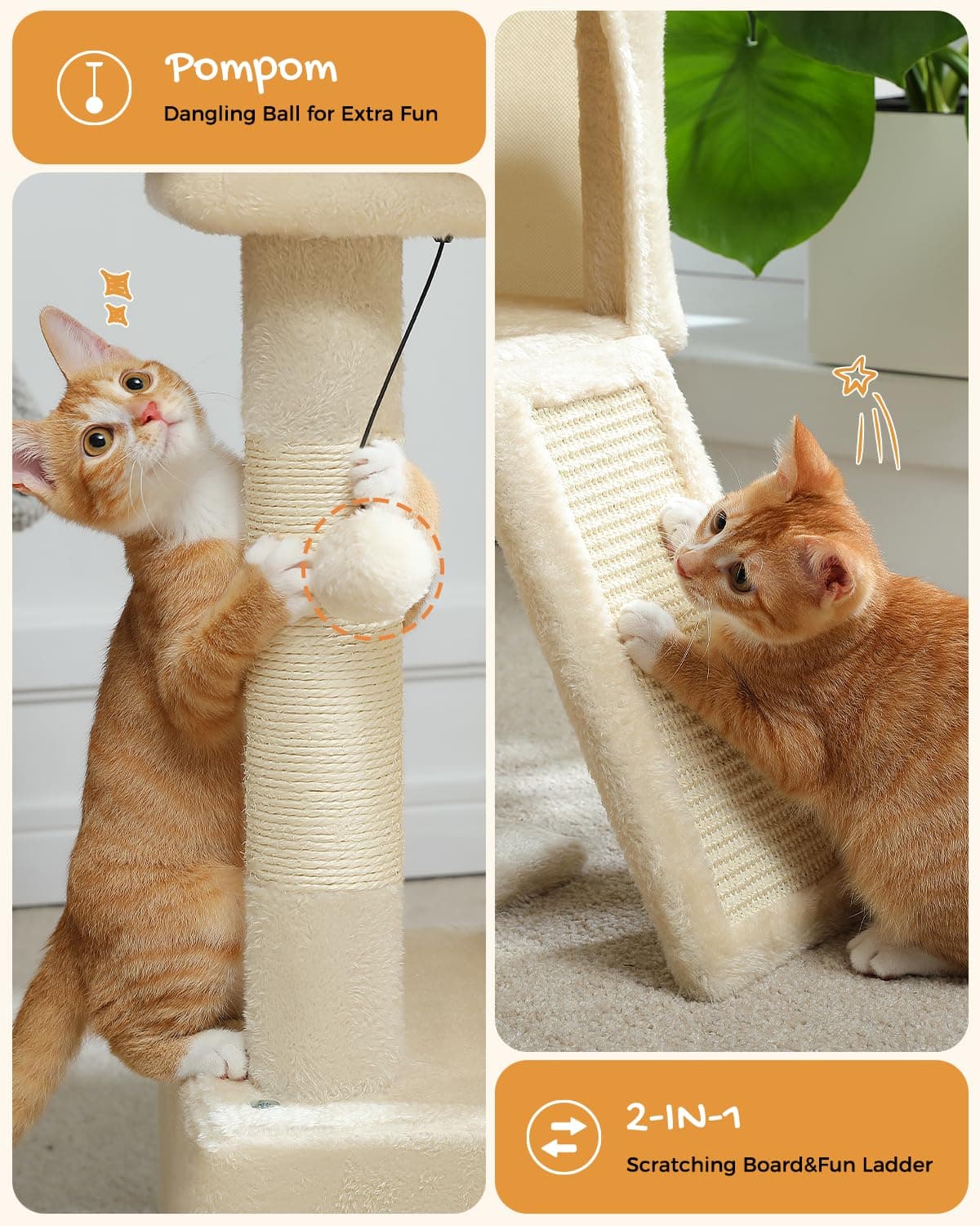 PETEPELA Cat Tree 77cm with Dual Condos for Indoor Cats, Small Cat Tower with Removable Perch and Scratching Posts Pad, Beige — view 4