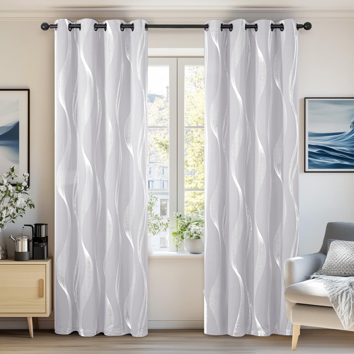 Deconovo Grey Blackout Curtains for Living Room 72 Drop Silver Wave Line Foil Printed Blackout Curtains Thermal Insulated Curtains Eyelet Curtains for Baby Nursery 46 x 72 Inch Light Grey Two Panels — view 19