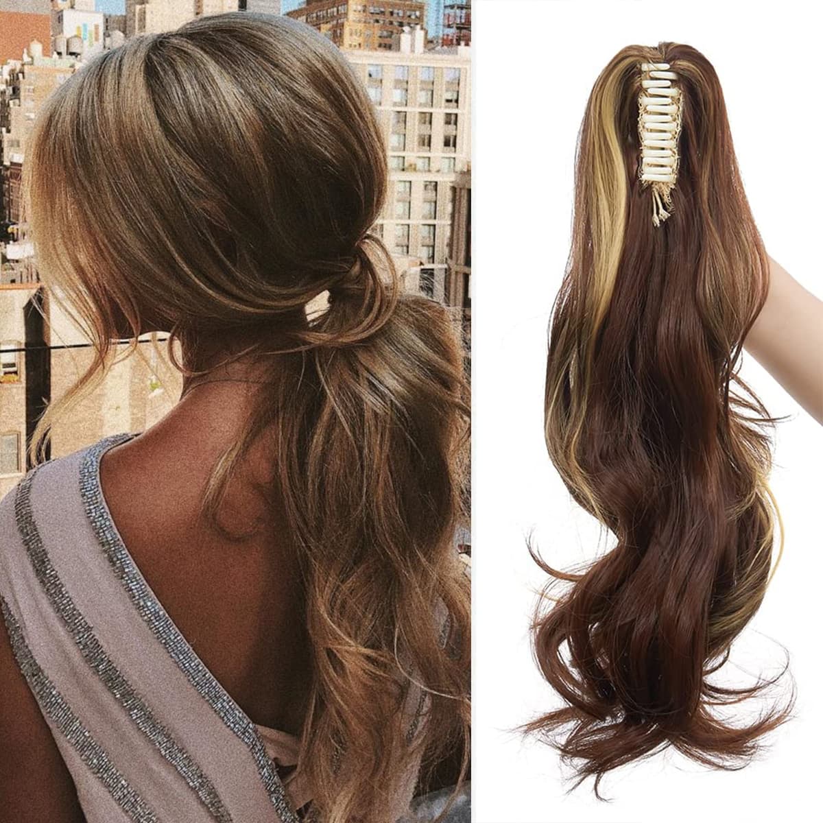 17"(43cm) SEGO Ponytail Long Synthetic Hair Looks Natural [Red Brown/Orange] Clip in Hair Extensions Curly Tail Ponytail Extension (90g) — view 19