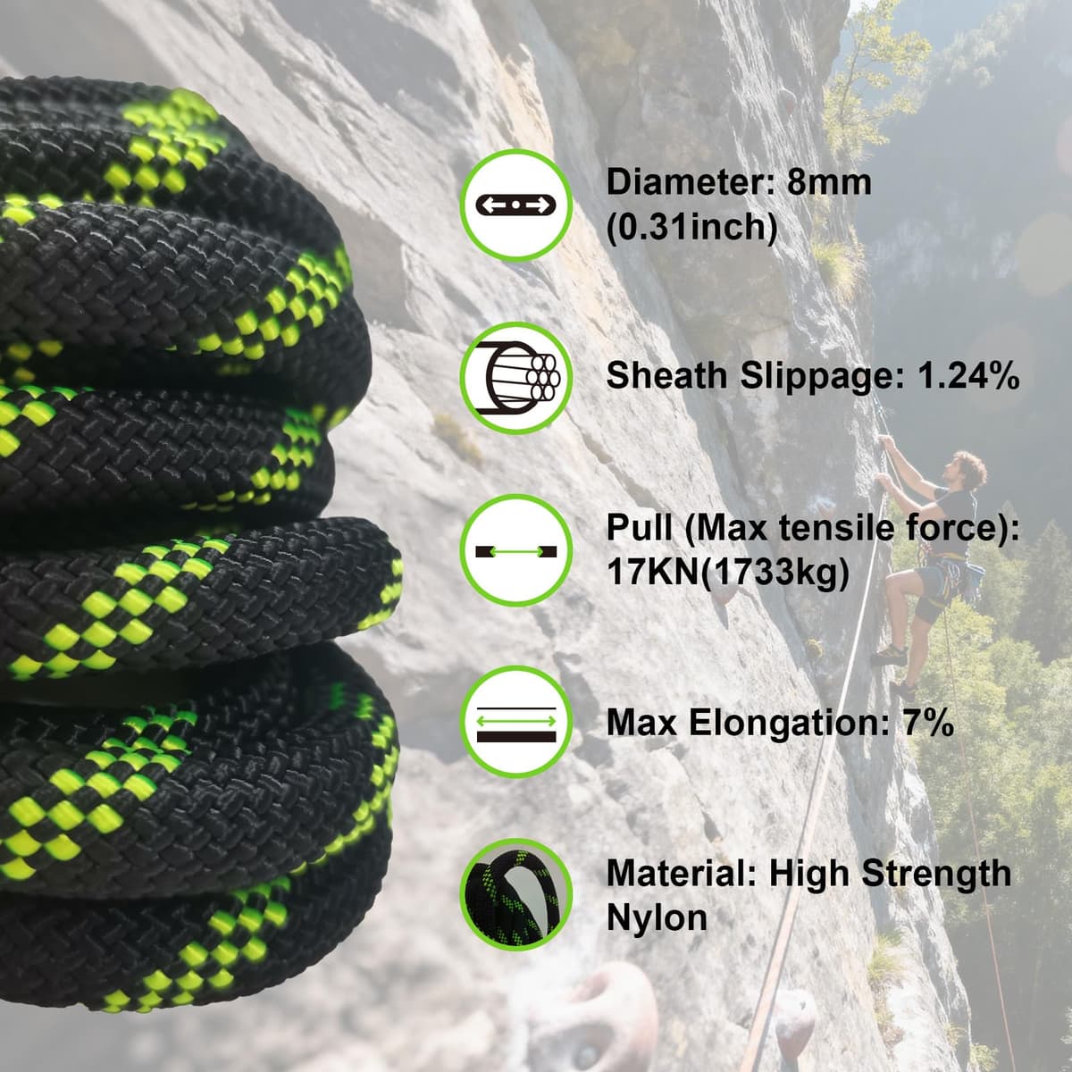 Cuerda de Escalada 8mm Cuerda Estática de 10m para Rescate de Alturas Cuerda de Paracaídas Senderismo Exterior Montañismo Deporte Camping Alta UIAA Fluorescente Negro — view 4