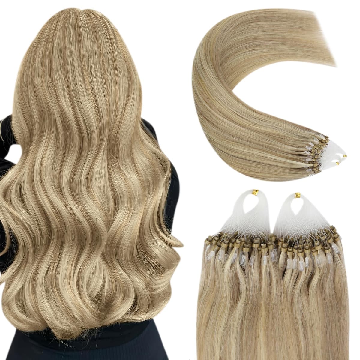 YoungSee Nano Hair Extensions Blonde 16inch Nano Beads Hair Extensions Warm Ash Blonde Highlight Bleach Blonde Nano Ring Hair Extension Highlight for School Soft Cold Fusion 50s 50g — view 44