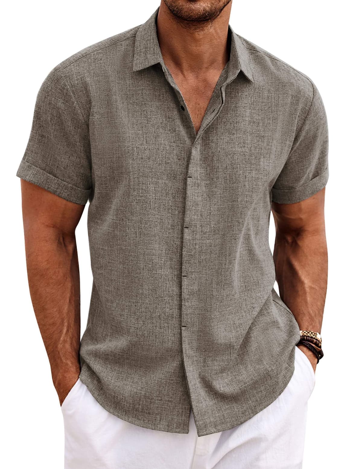 COOFANDY Men's Linen Shirts Short Sleeve Casual Shirts Button Down Shirt for Men Beach Summer Wedding Shirt — view 6