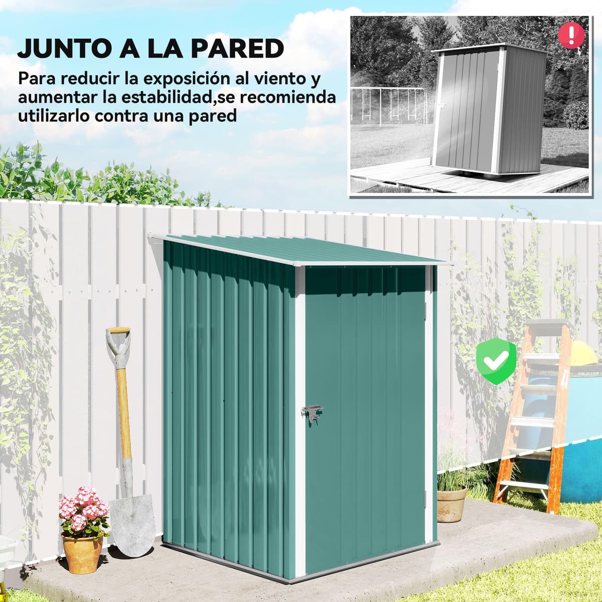 Outsunny Cobertizo de Jardín de Exterior 0,92 m² 100x103x160 cm Caseta de Jardín Metálica con 1 Puerta y Cerradura para Almacenamiento de Herramientas en Patio Terraza Verde — view 5