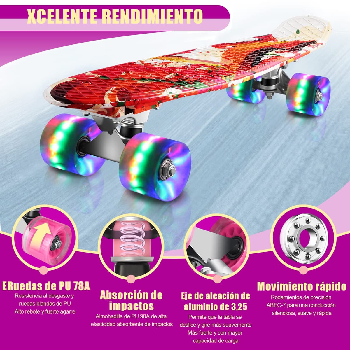 Monopatín Skateboard Completo Niños con 4 Ruedas LED para Niño y Niña Penny Board Mini Cruiser de 55CM con Herramienta T de Patinete Todo-en-uno — view 3