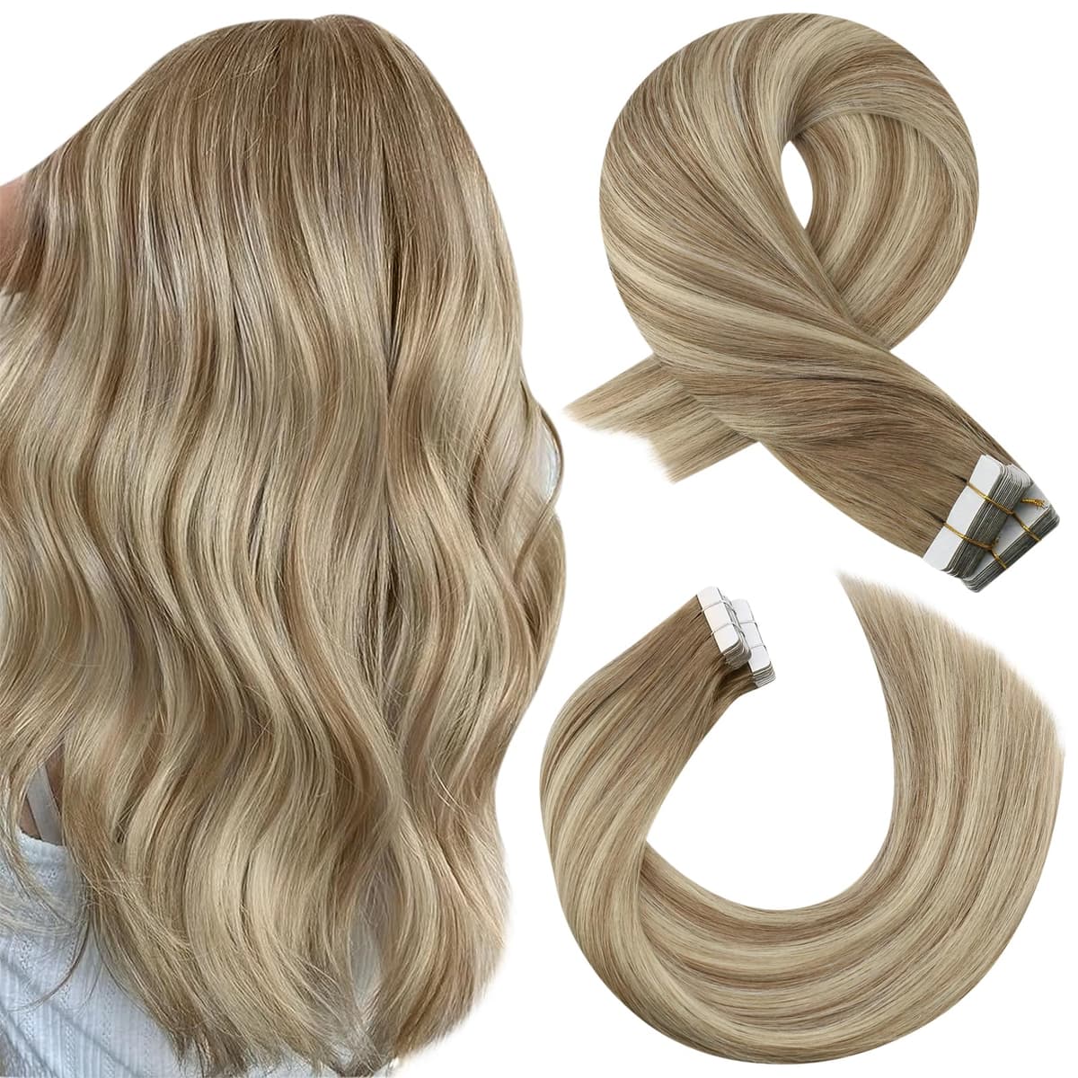 Moresoo Tape in Human Hair Extensions 20 Inch Highlight 50g/20pcs Tape in Hair Extensions Human Hair Ash Blonde with Platinum Blonde #P18/613 — view 25