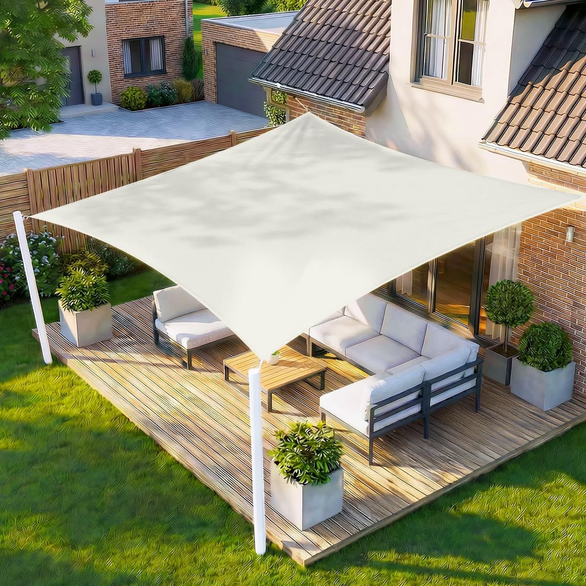 HENG FENG Toldo Vela de Sombra Rectangular 4x5m, PES 160 g/m² Impermeable, 95% Bloqueo UV, para Exterior en Terraza, Jardín, Patio - Incluye Cuerda de Fijación - Beige