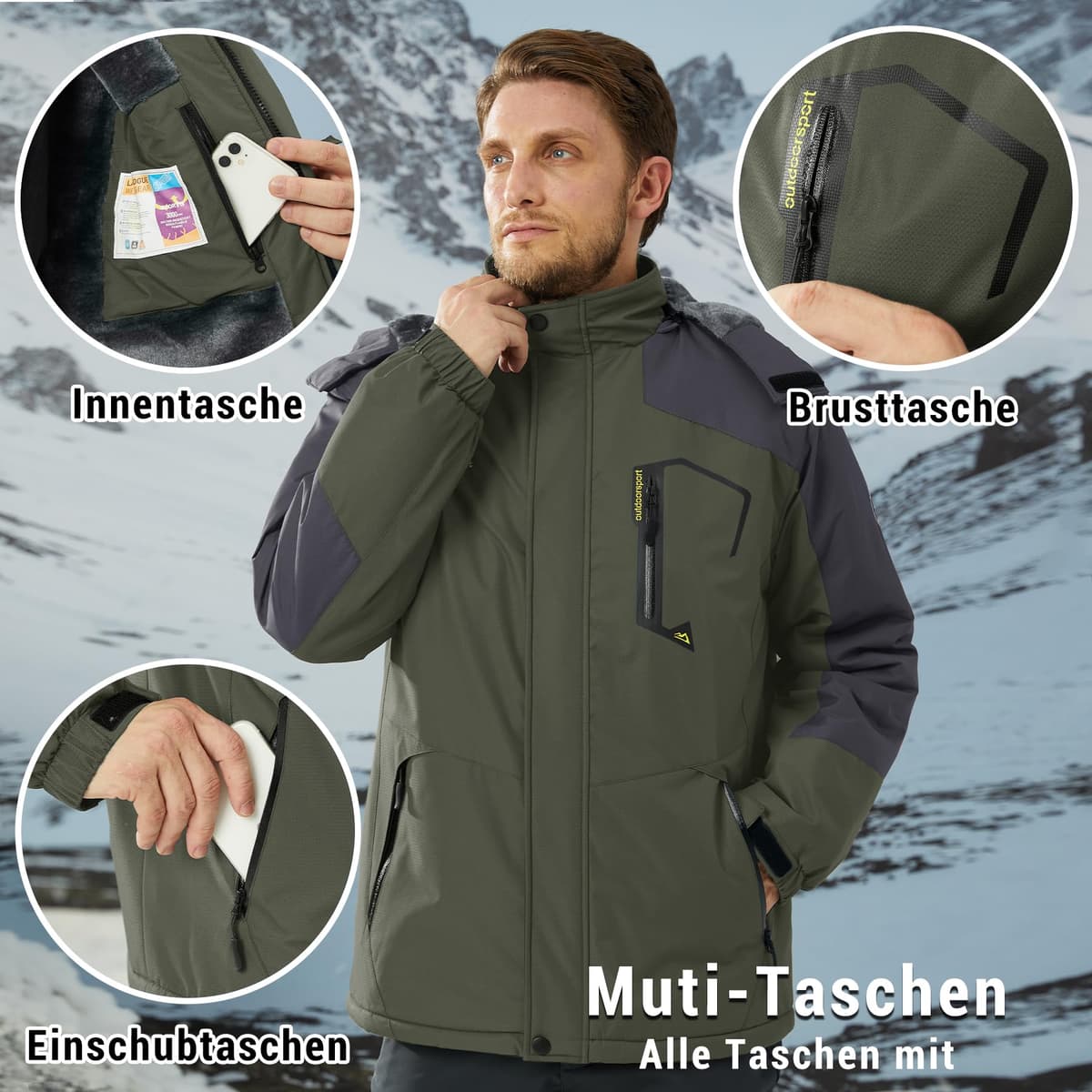 KEFITEVD Hombre Impermeables Lana Chaquetas Impermeables Esquí Cálidos Invierno Abrigos Térmicos Exteriores Abrigos con Capucha Desmontable — view 5