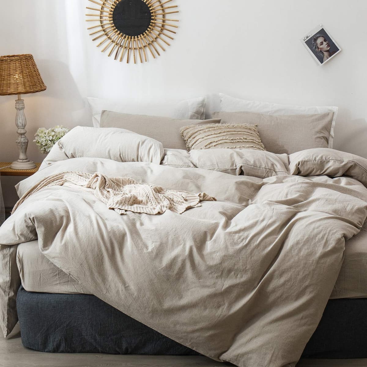 MooMee Bedding Duvet Cover Set 100% Washed Cotton Linen Like Textured Breathable Durable Soft Comfy (Tannish Linen Grey, King) — view 99