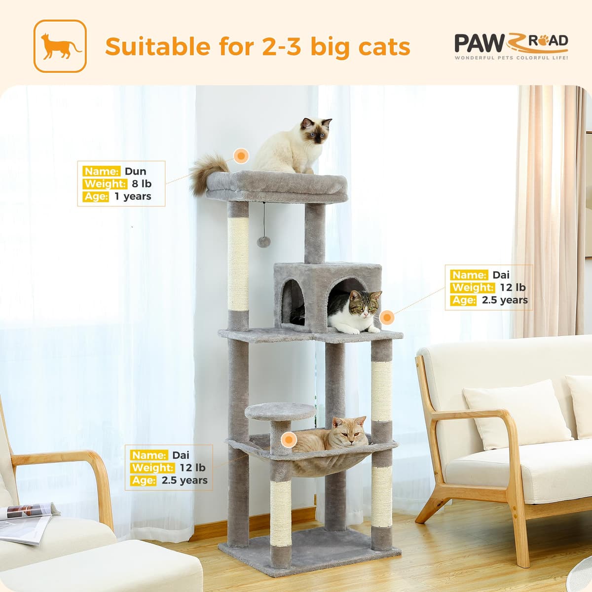 PAWZ Road 143cm Cat Tree for Indoor Cats with Metal Frame Large Hammock, 56.3 Inches Big Cat Tower with Scratching Posts and Top Perch, 4.7ft Multi-Level Activity Center with Replaceable Pompon, Grey — view 3