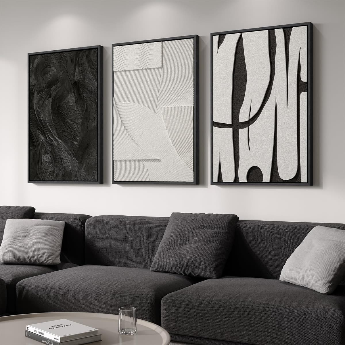 Large 3D Textured Framed Abstract Wall Art for Living Room, 3 Piece Modern Paintings Artwork for Walls, Black White Brown Geometric Sandstone Texture Pictures for Hallway Office Home Decor 24x36 In — view 39