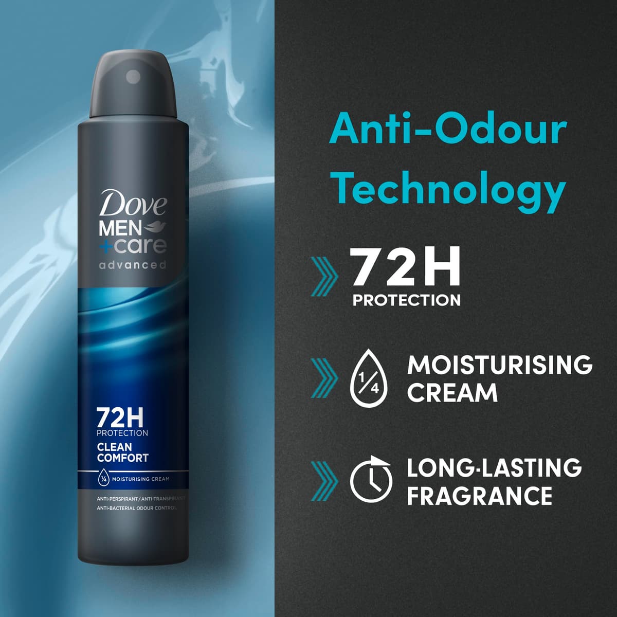 Dove Men+Care Advanced Clean Comfort Anti-Perspirant Aerosol Deodorant Spray with Anti-Odour technology & ¼ moisturising cream for 72 hour protection against sweat and odour 200 ml — view 5